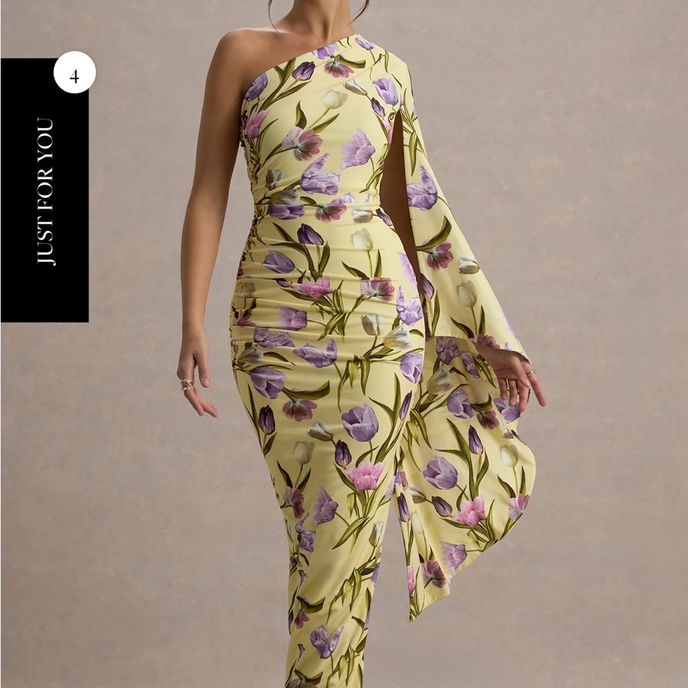 Yellow and Black Asymmetrical Ruched One-Shoulder Dress